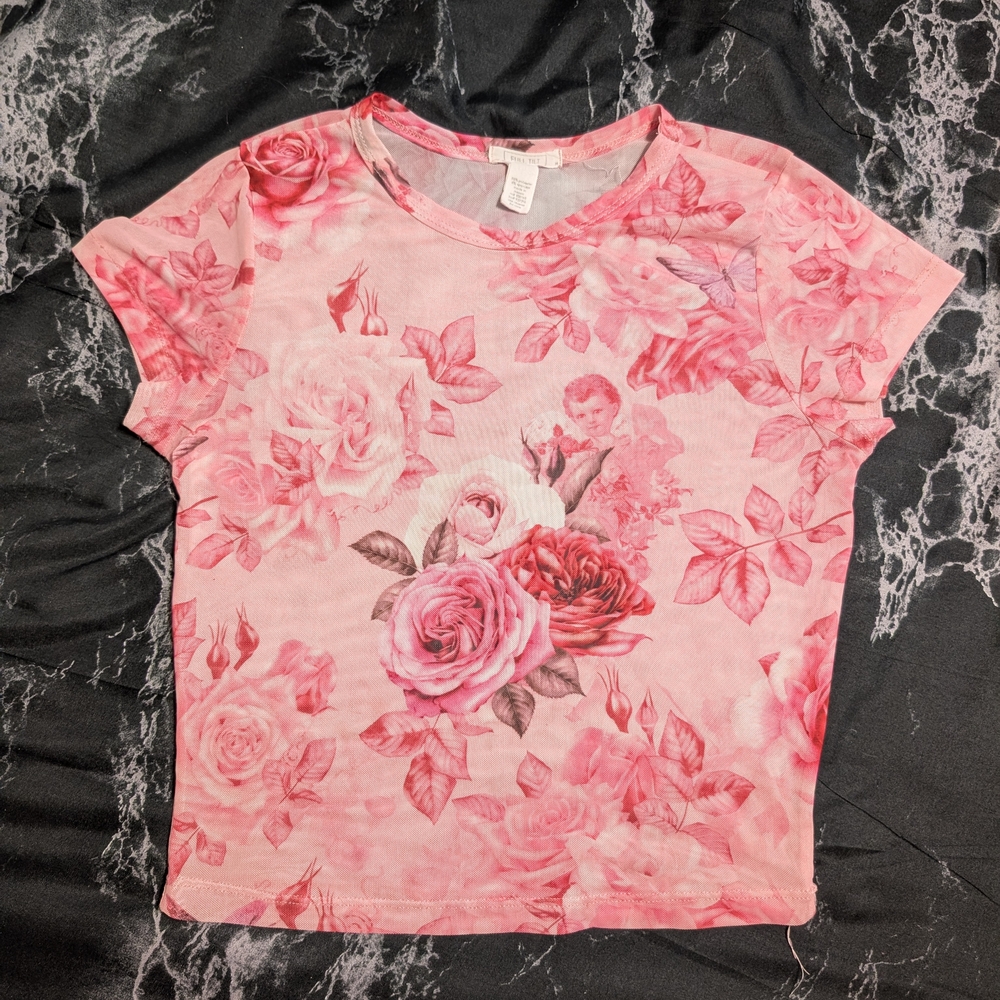 Pink Sheer Rose Print Short Sleeve Top